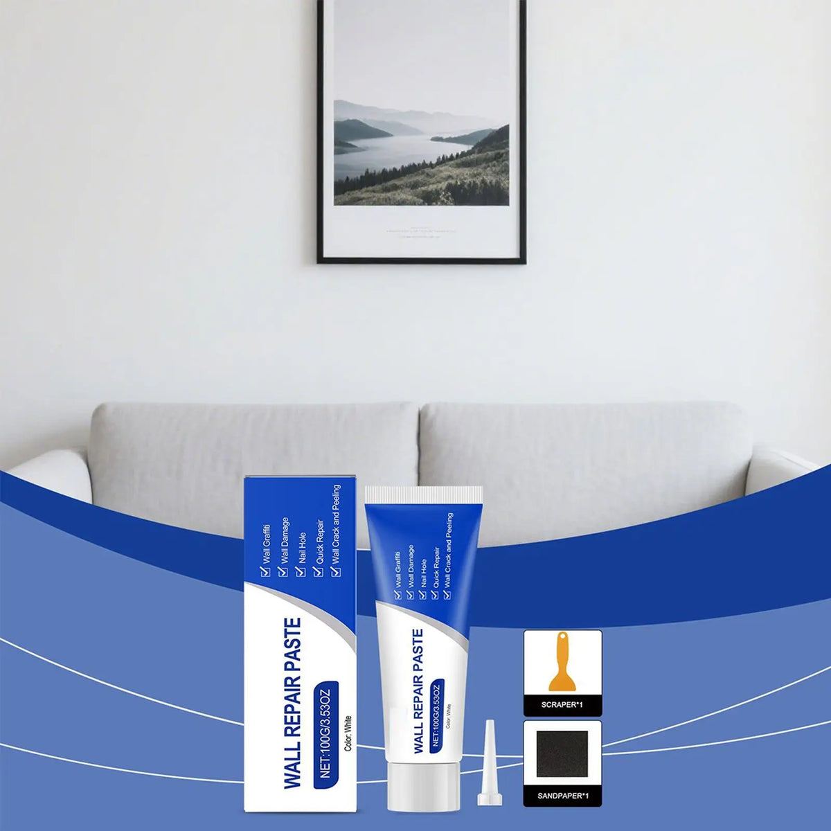 A collection of drywall repair tools including a wall repair paste, scraper, and sandpaper.