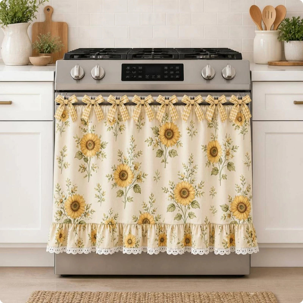 Farmhouse floral oven skirt with yellow and green botanical print featuring a ruffled trim.