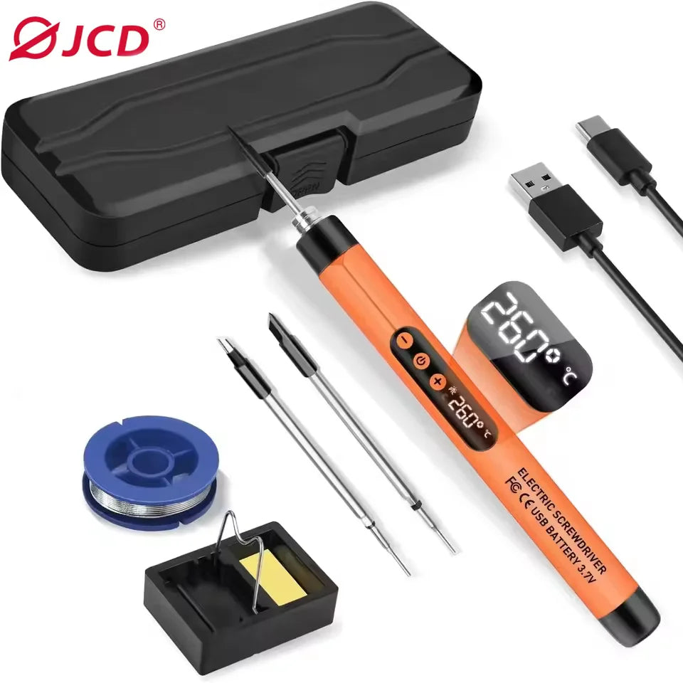 A black case containing an electric screwdriver, a soldering iron, and a yellow tip.
