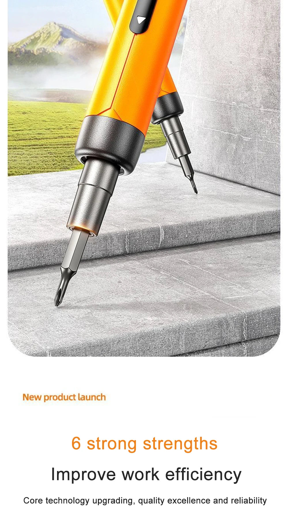 Close-up of an orange and black precision rechargeable electric screwdriver with a metallic tip resting on a gray surface.