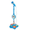 A blue portable karaoke microphone with a stand and light effects.