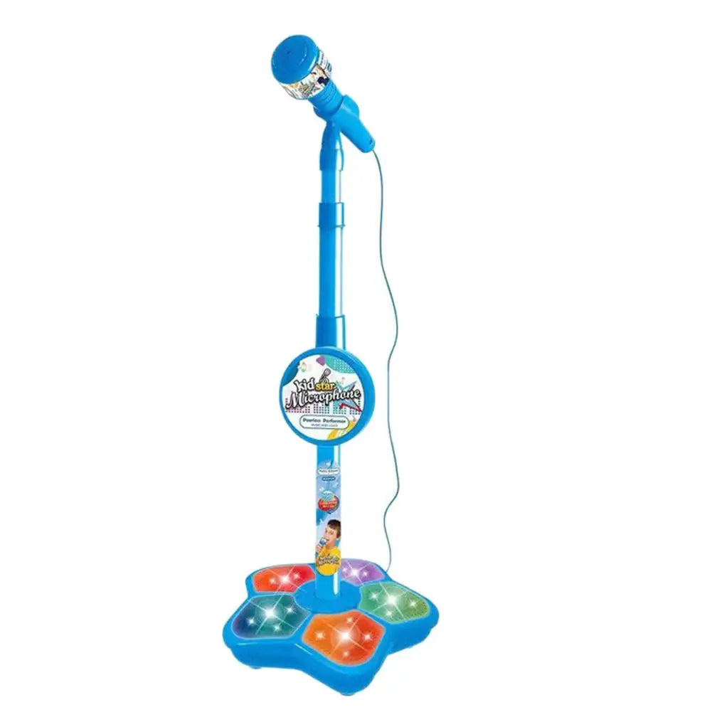 A blue portable karaoke microphone with a stand and light effects.