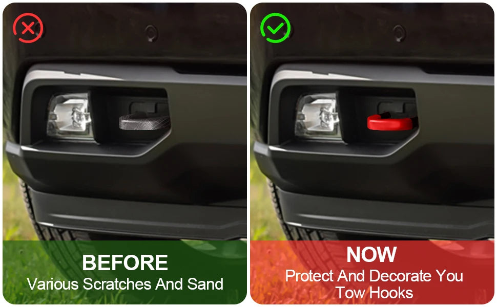 Before and after comparison of durable silicone tow hook covers for Chevy Silverado and GMC Sierra headlights
