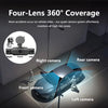 Diagram showing a four-lens 360 degree camera system mounted on a car for accident monitoring.