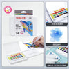 A set of 24 watercolor paint pens and a water brush for painting, displayed in packaging and an open palette.