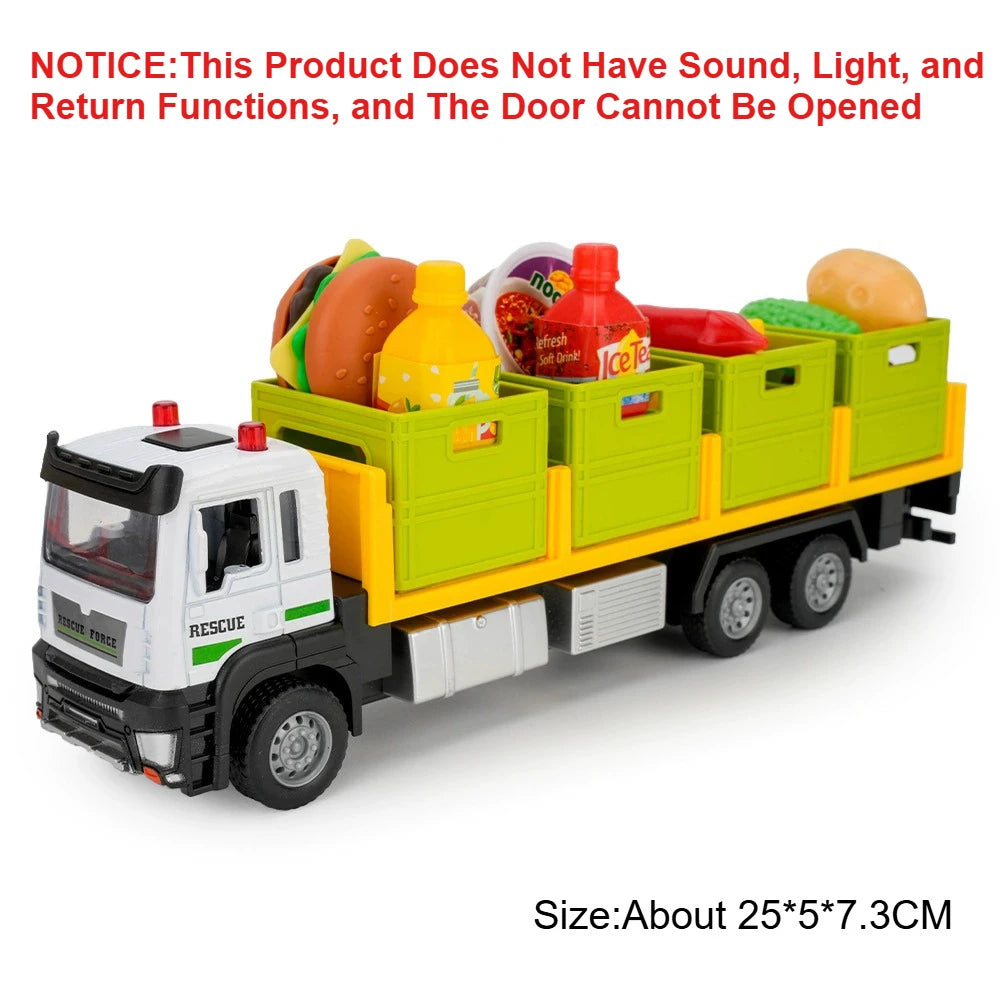 A yellow and green diecast metal transport truck model loaded with various fruits and vegetables.