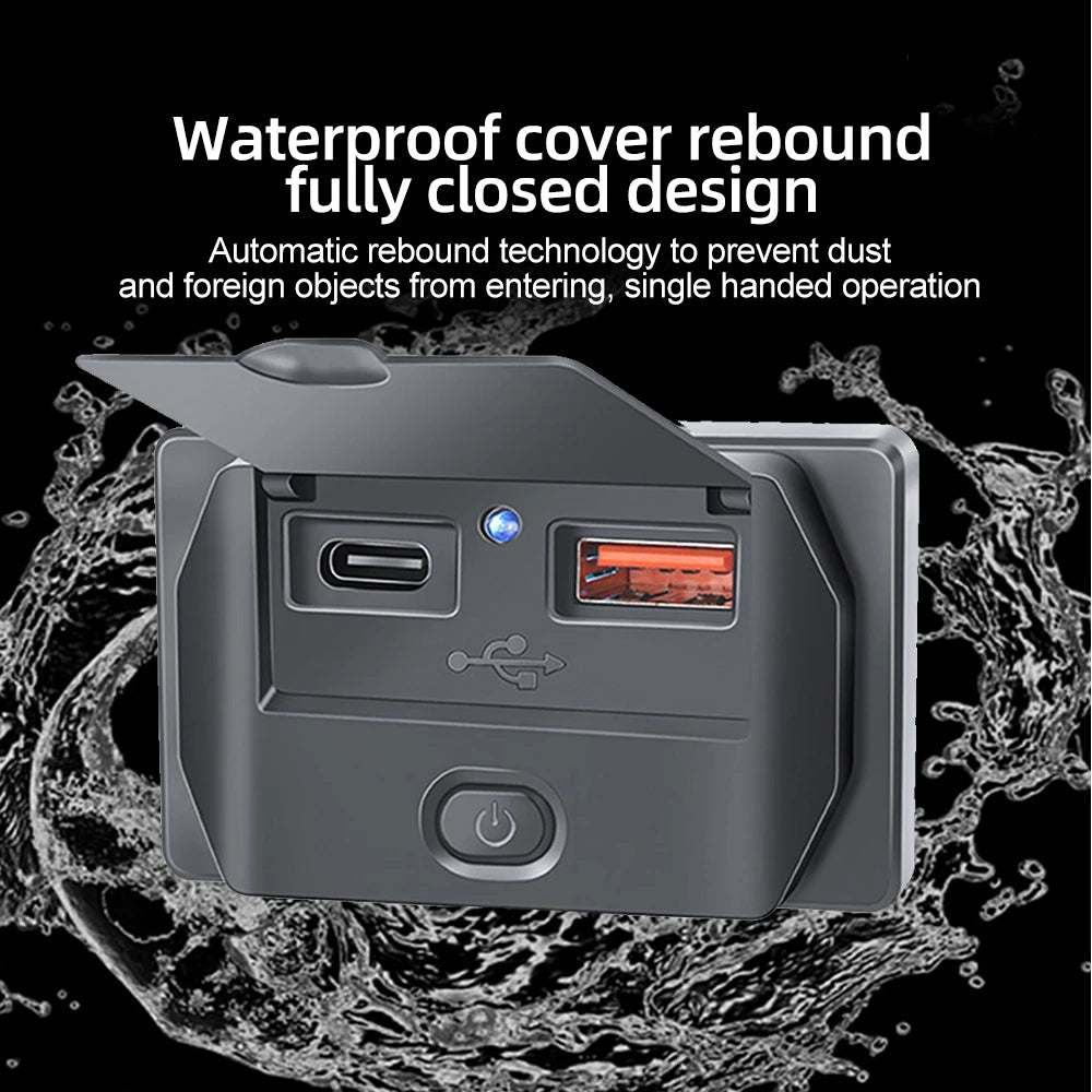 A close-up view of a waterproof cover rebound fully closed design for a device, surrounded by water splashes.
