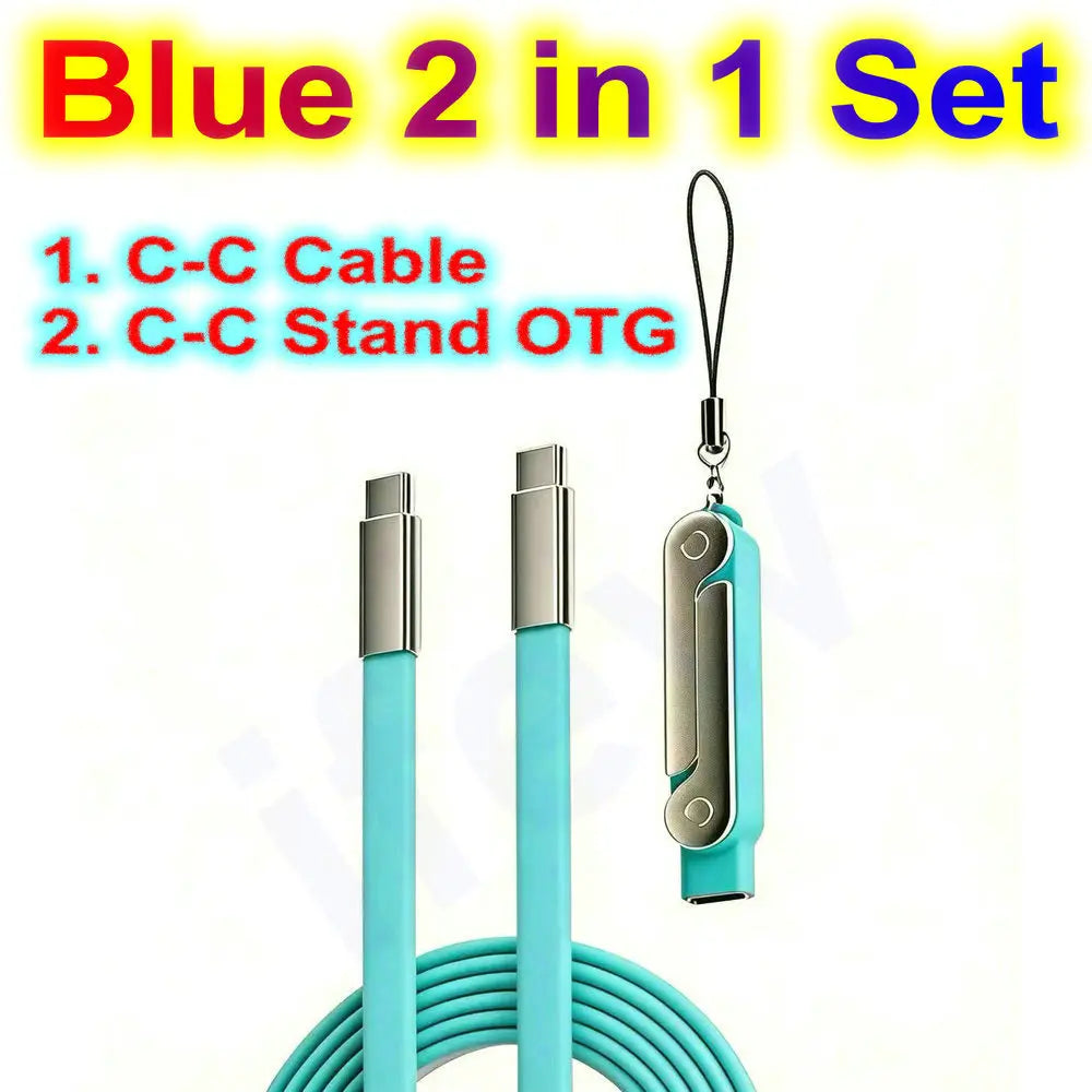 Blue 2 in 1 set featuring a USB-C cable and a stand for charging and viewing devices.