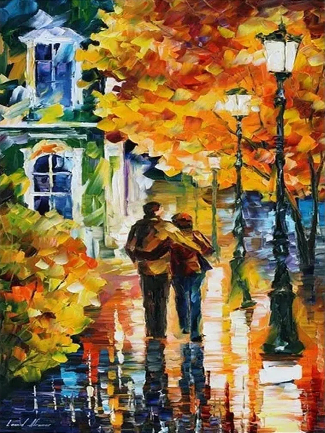 An oil painting depicting a street scene with vibrant yellow and orange autumn leaves reflecting in wet pavement.