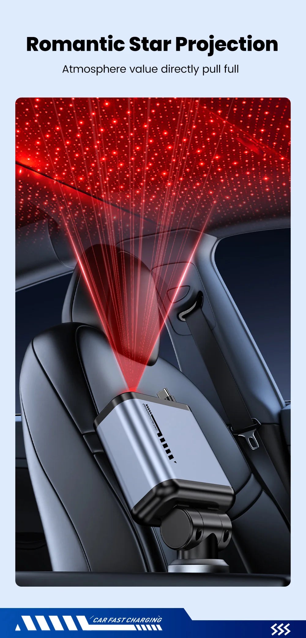 A close-up of a romantic star projection light illuminating a car interior, aimed at a retractable car charger.