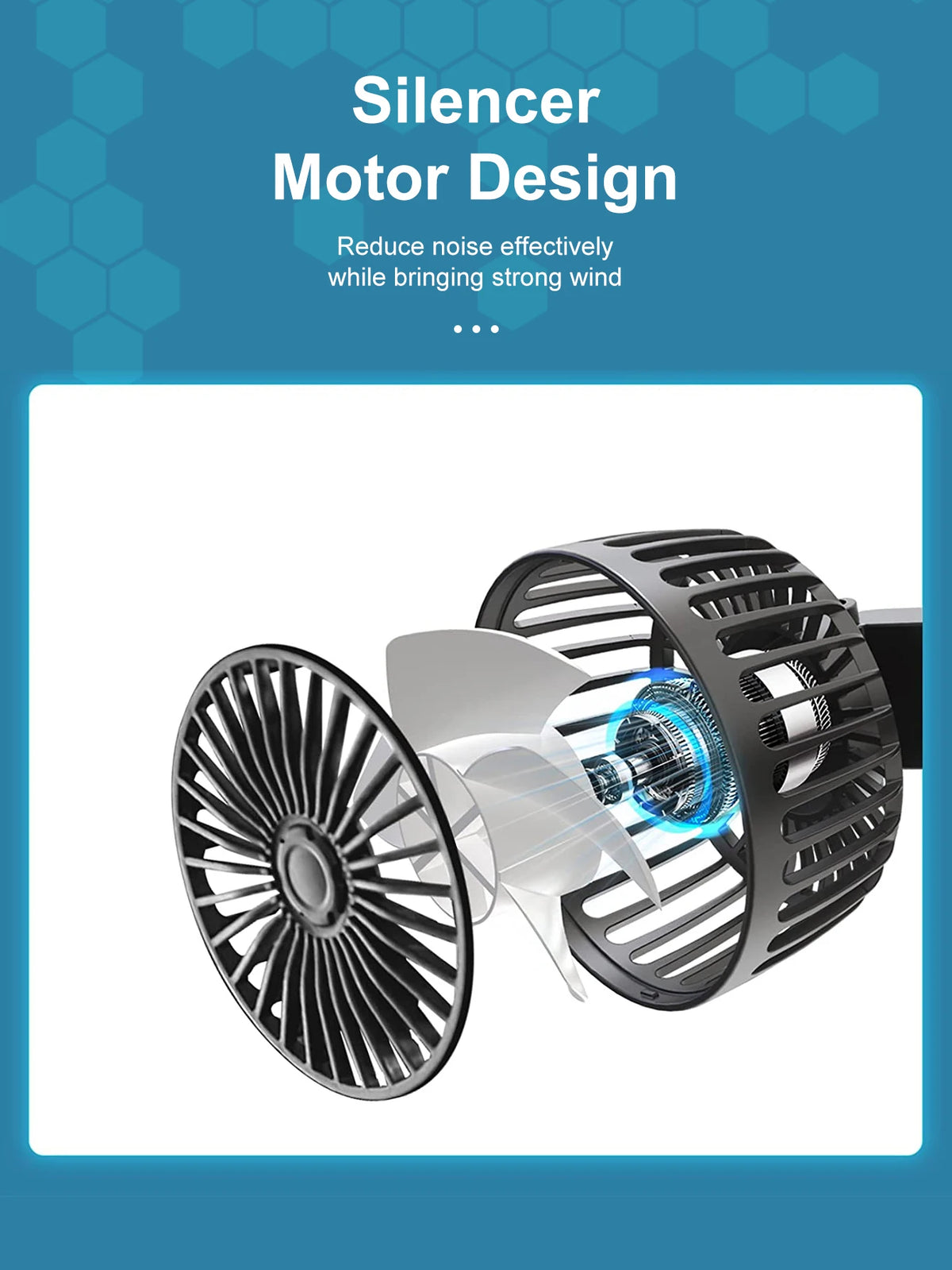 A black dual-head car fan with adjustable blades is shown, demonstrating a silencer motor design.