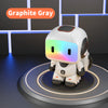 A white interactive remote control robot with a glowing multi-colored visor standing on a dark circular platform.