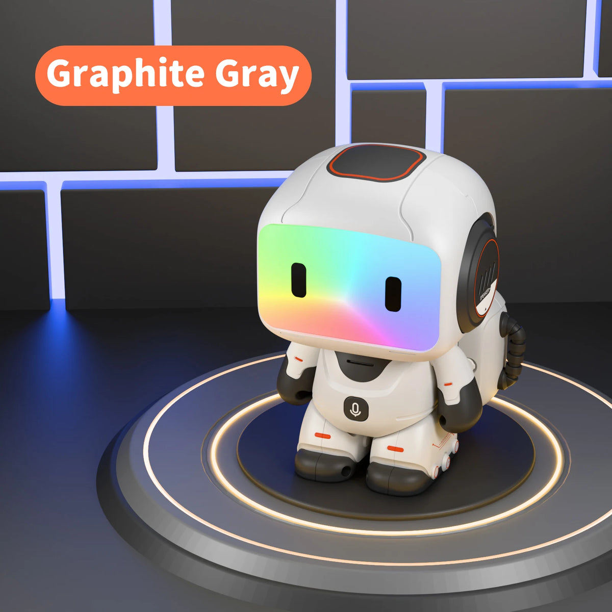 A white interactive remote control robot with a glowing multi-colored visor standing on a dark circular platform.