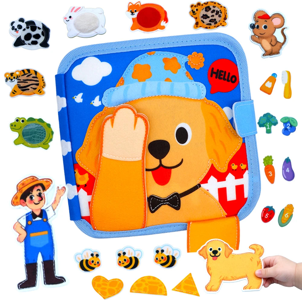 A colorful felt activity board featuring a dog, various animal shapes, and learning tools for toddlers.