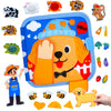 A colorful felt activity board featuring a dog, various animal shapes, and learning tools for toddlers.