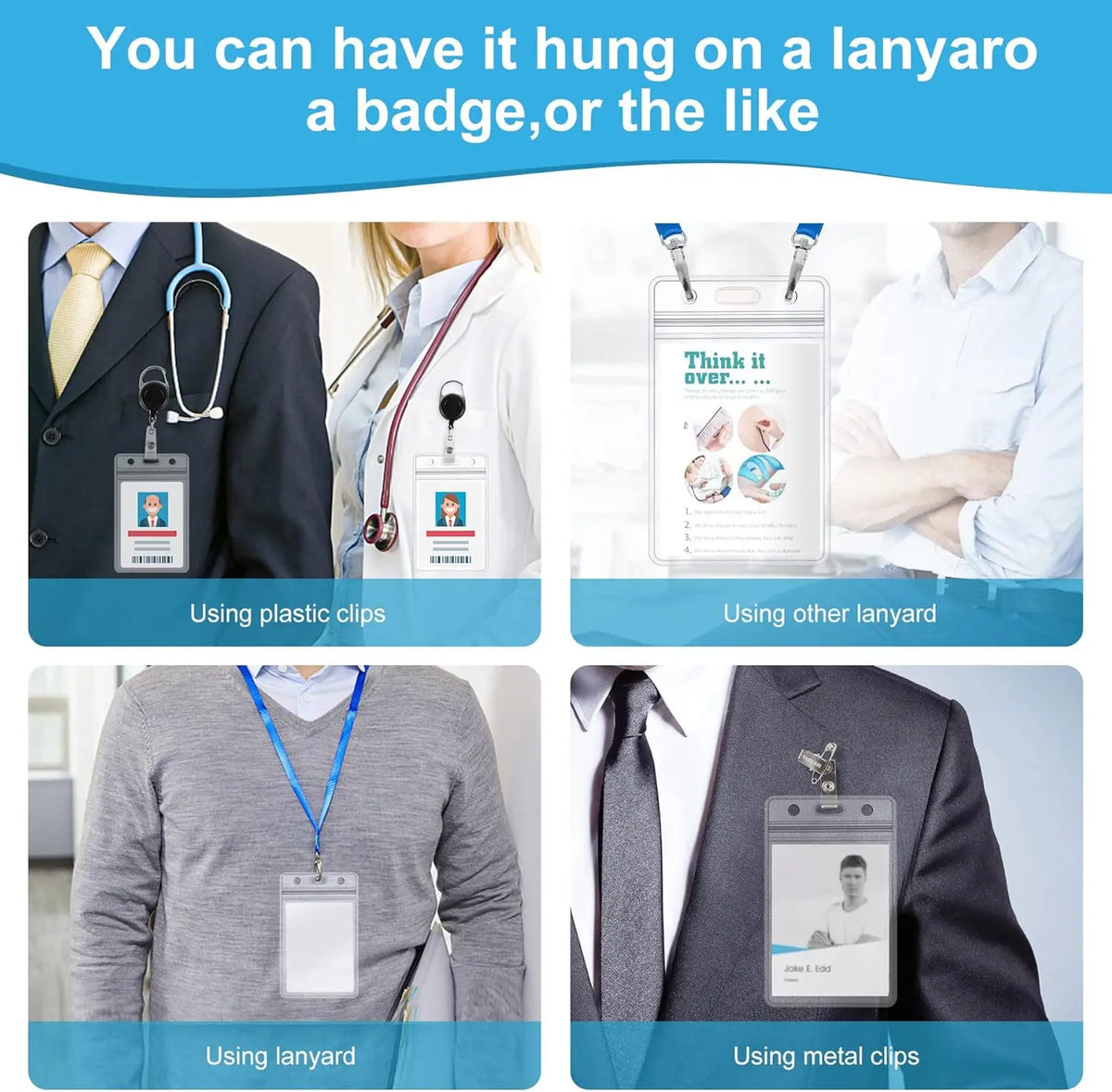 Various methods for hanging an ID card, including plastic clips, lanyards, and metal clips.