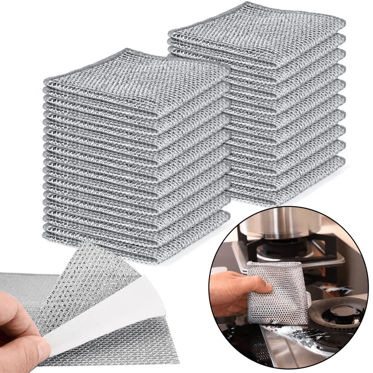 A stack of gray triple-layer microfiber scouring cloths and a single cloth are shown next to a kitchen appliance.