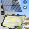A solar motion sensor flood light panel and a separate LED light fixture are shown mounted on a wall.