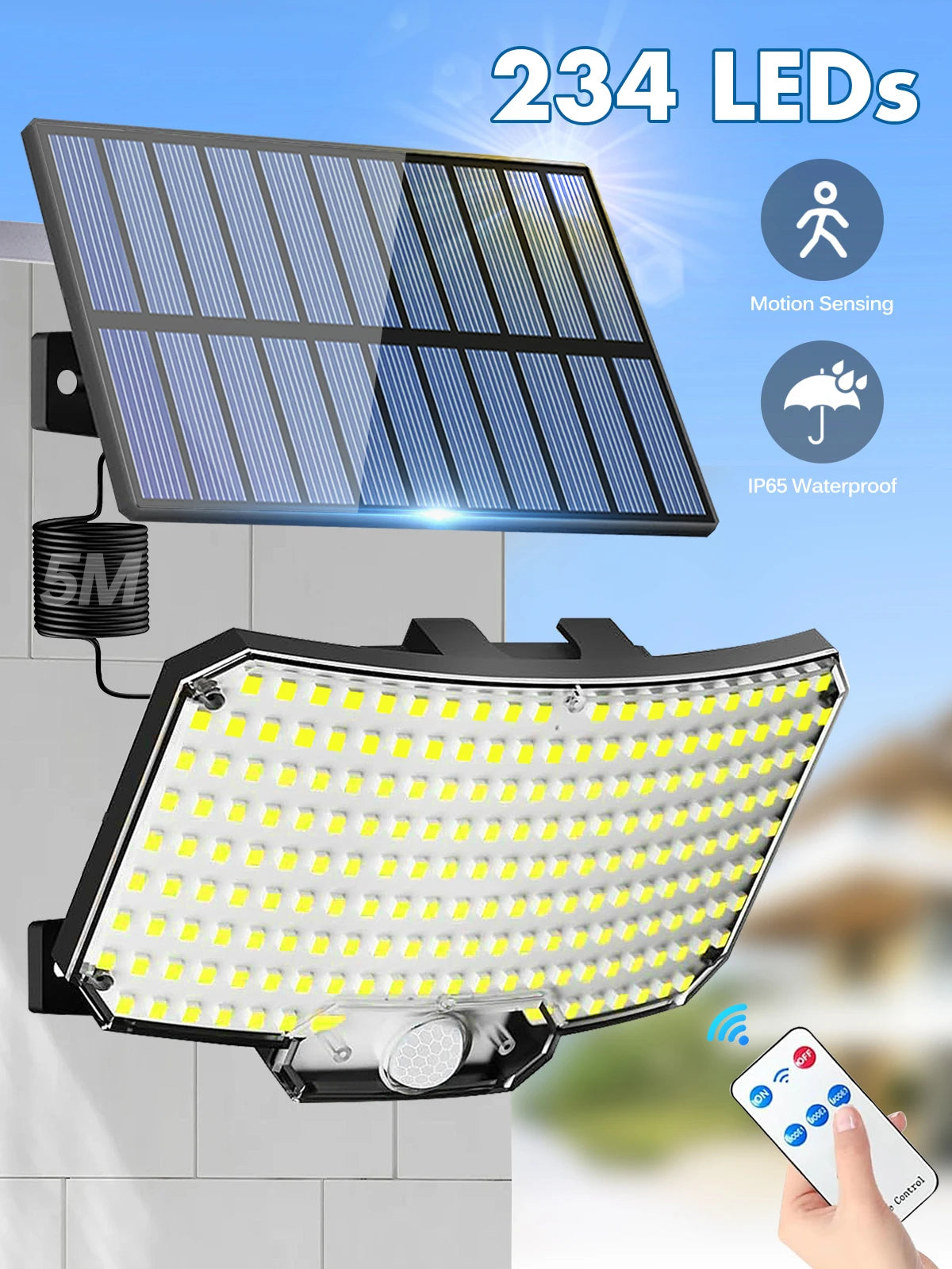 A solar motion sensor flood light panel and a separate LED light fixture are shown mounted on a wall.