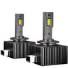Two black LED headlight bulbs with yellow light sources and mounting bases