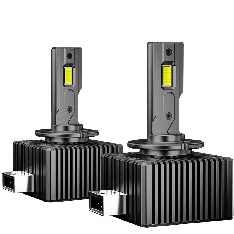 Two black LED headlight bulbs with yellow light sources and mounting bases
