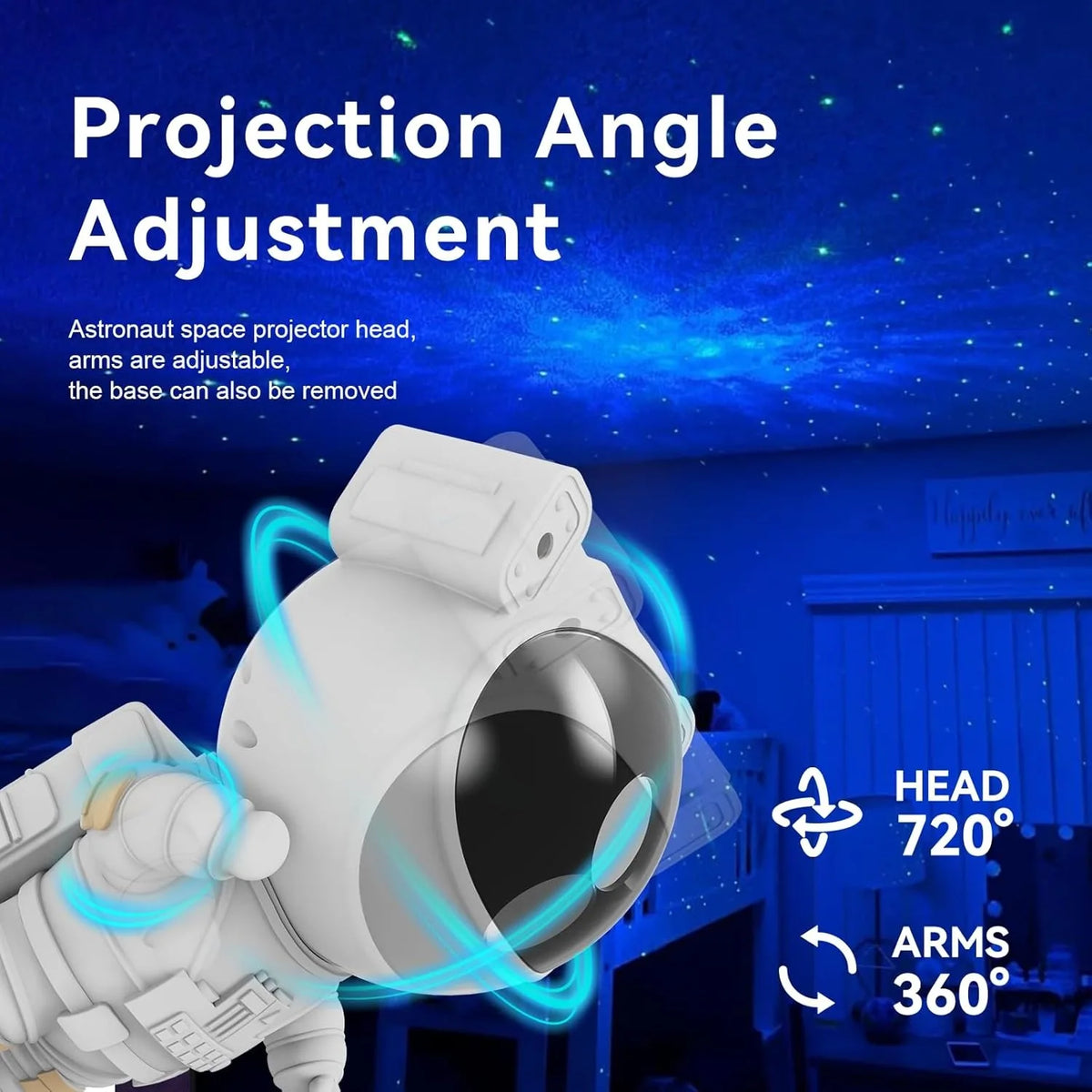 White astronaut space projector head with adjustable arms demonstrating a 720 degree projection angle.
