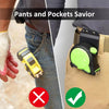 A yellow clip-on tool belt holster is shown attached to jeans, demonstrating a pants and pockets savior tool.