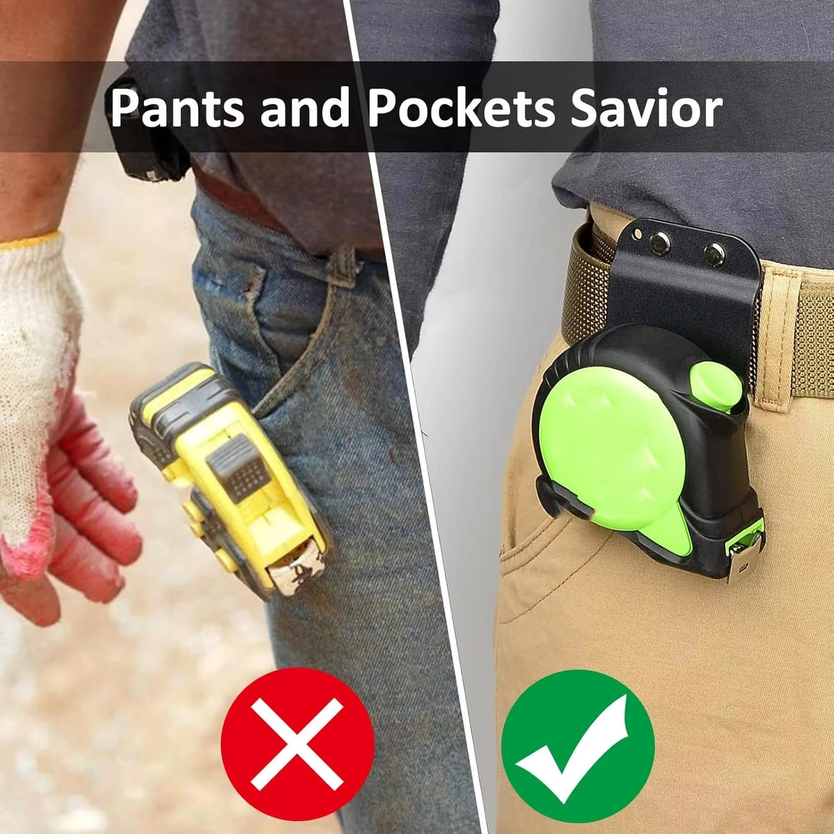 A yellow clip-on tool belt holster is shown attached to jeans, demonstrating a pants and pockets savior tool.