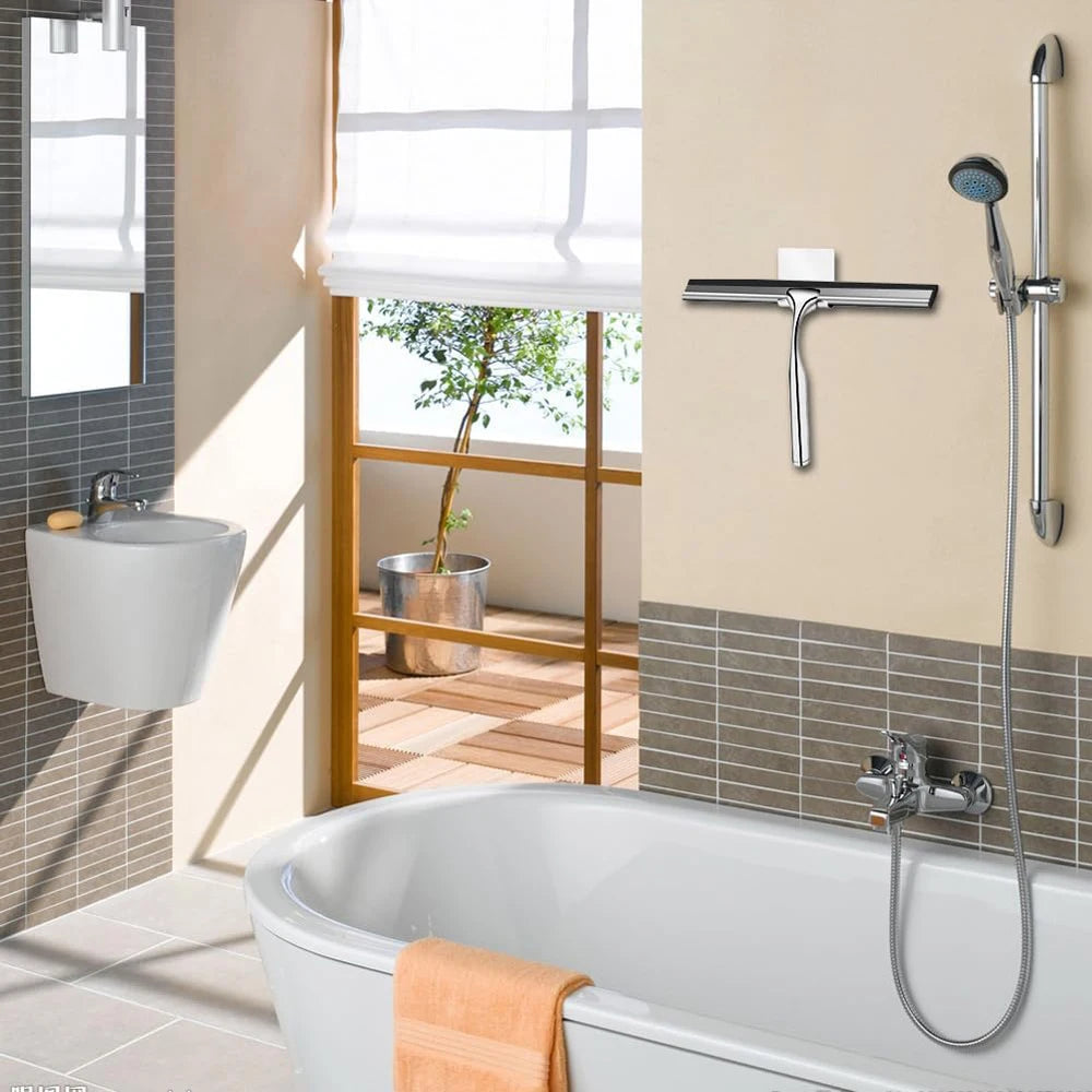 Shower Squeegee with Hanging Silicone Holder for Glass Doors & Mirrors