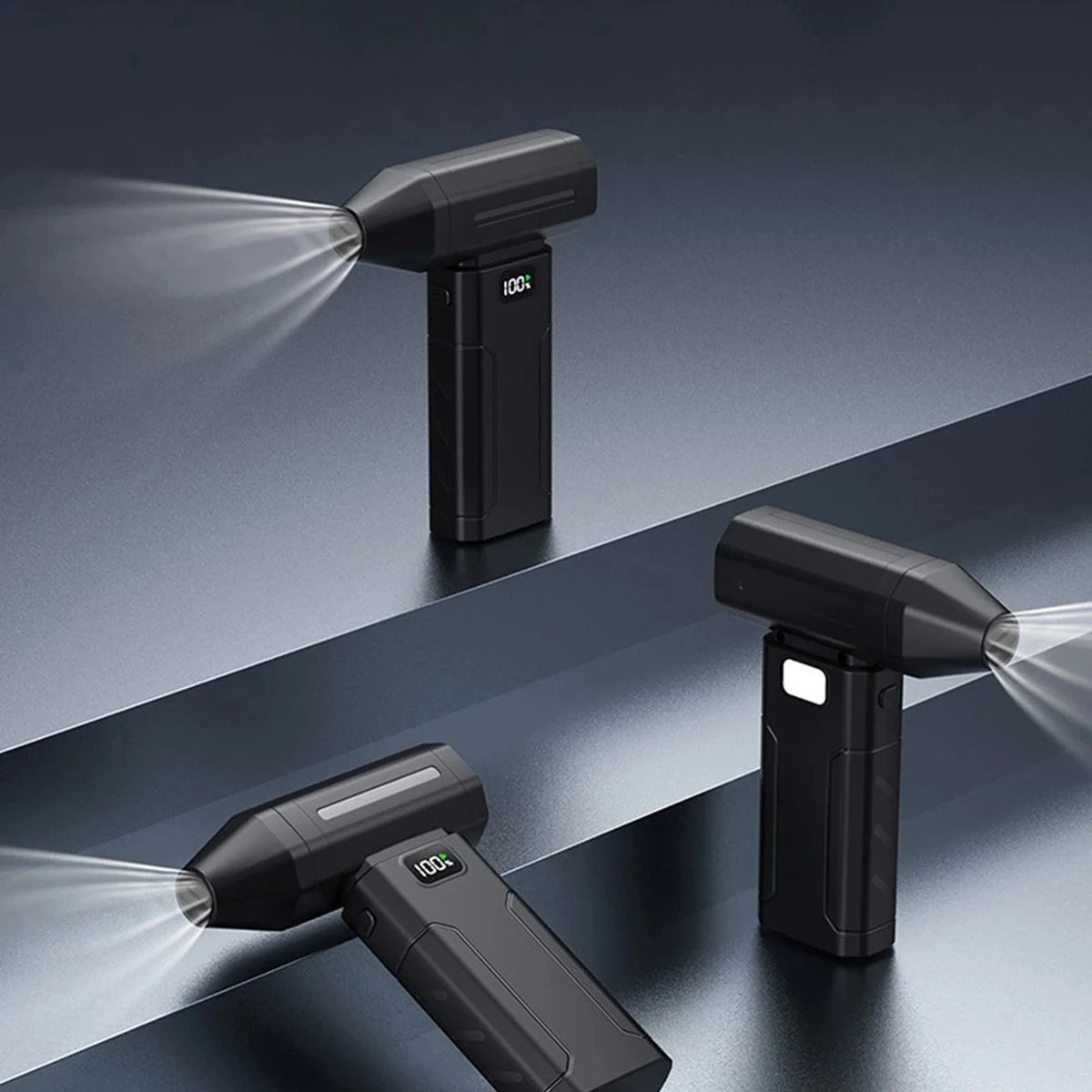 A black high-speed cordless air duster is shown emitting a powerful jet of air in various directions.
