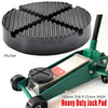A heavy duty jack pad with a black plate and green frame is shown for automotive work.