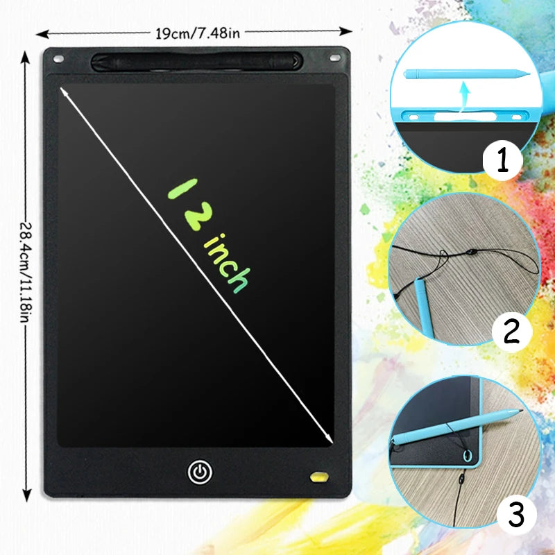 A black LCD writing tablet with a stylus pen is shown, displaying a diagonal line and measurements.