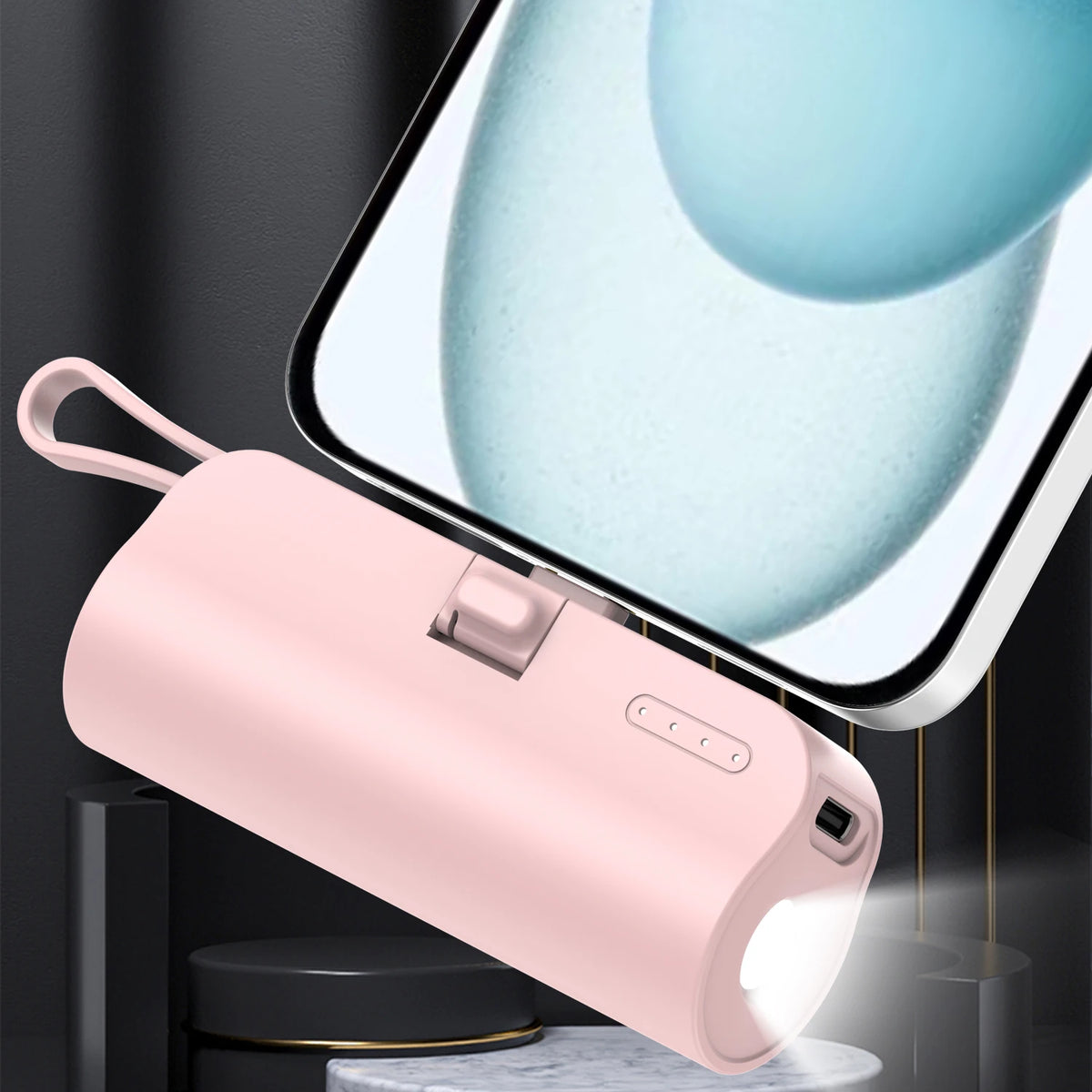 Pocket-Size 5000mAh Power Bank with Built-in Cable, LED Light & Phone Stand