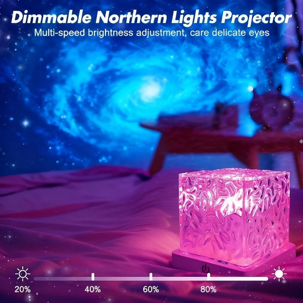 A pink LED wave projector lamp illuminates a bedroom with a blue galaxy effect.