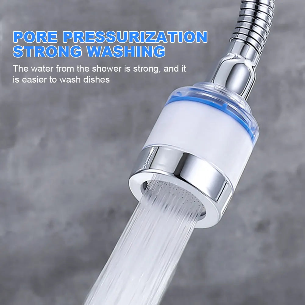 A close-up of a faucet water filter purifier with a rotating splash head delivering strong water flow.