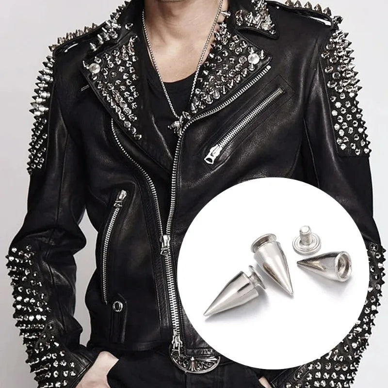 Black leather jacket featuring silver metal spike studs on the collar and sleeves.