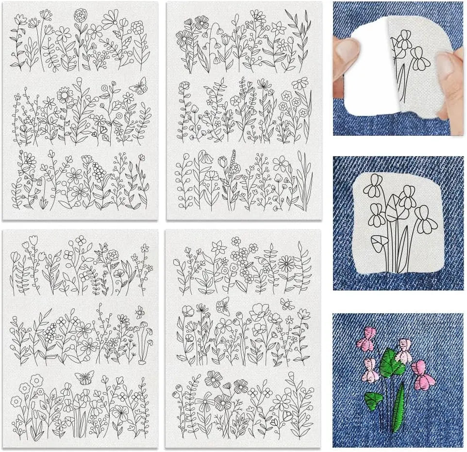 Pre-Printed Water-Soluble Embroidery Stabilizer Sheets with Floral & Letter Patterns