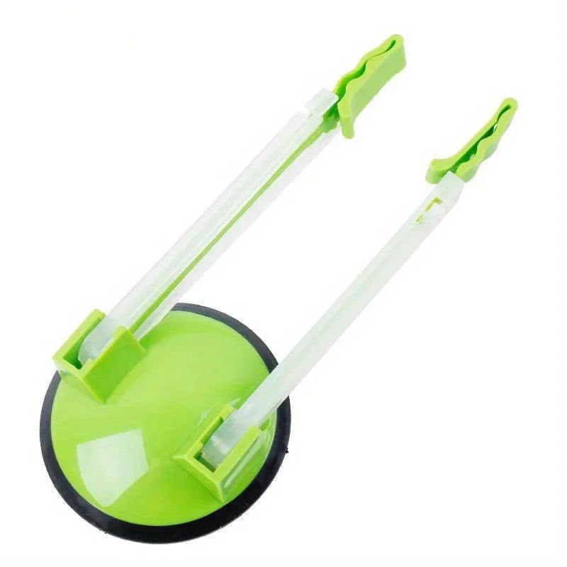 A bright lime green adjustable bag holder rack with clear plastic arms and a circular base for kitchen storage.