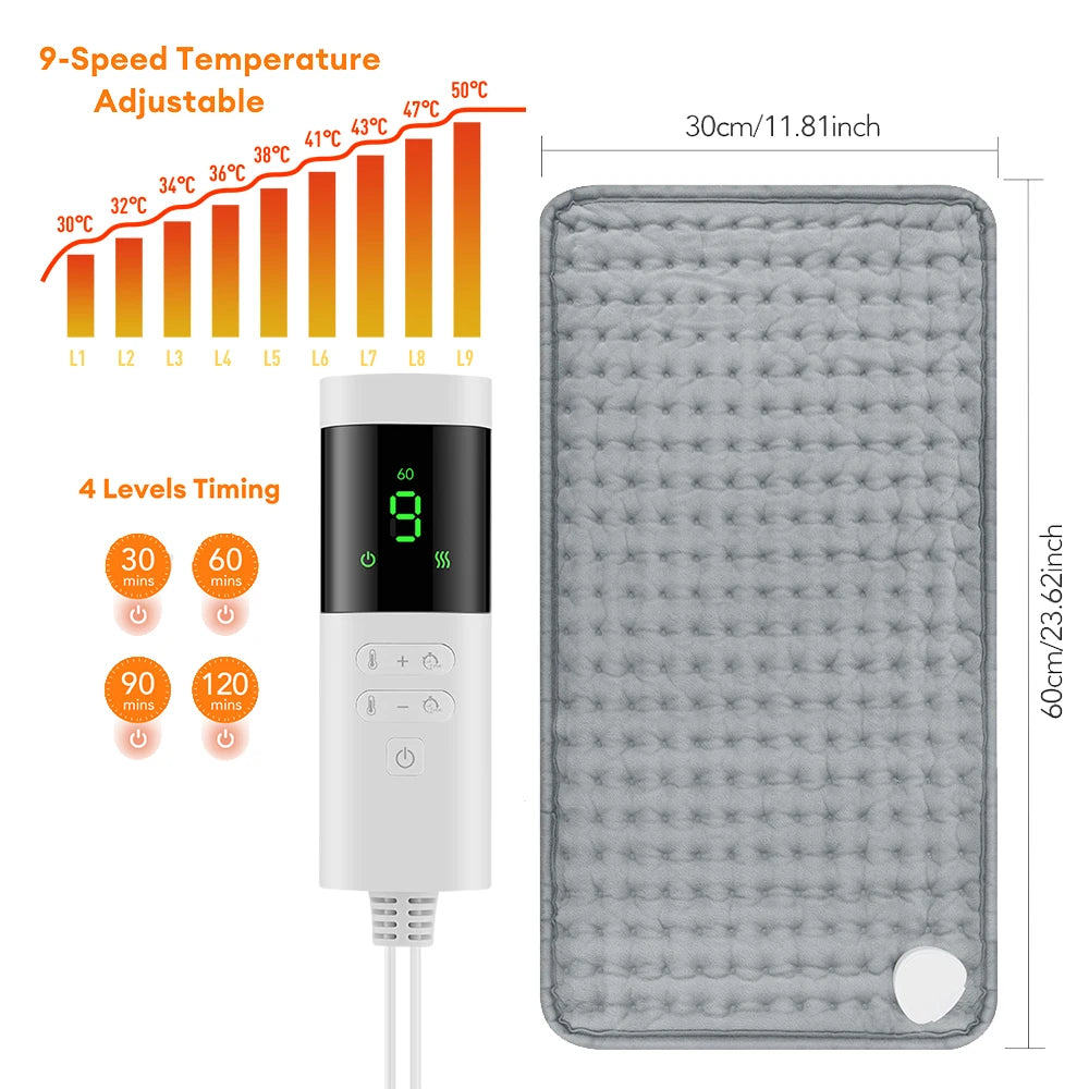 A white electric heating pad with a digital display and power cord is shown next to a gray heating pad mat.