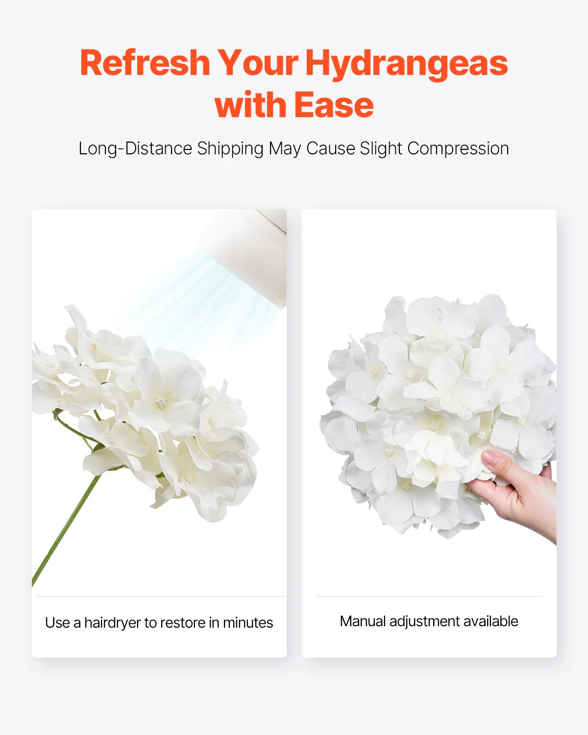 White silk hydrangea flowers shown with a hand adjusting them for a bouquet