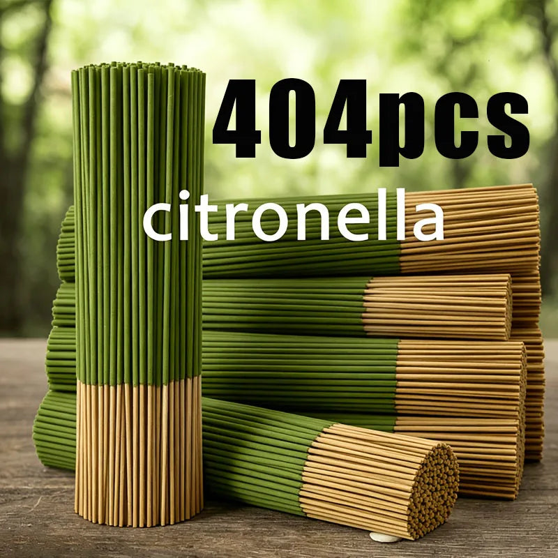 A stack of 404 pieces of citronella incense sticks in green and natural wood tones.