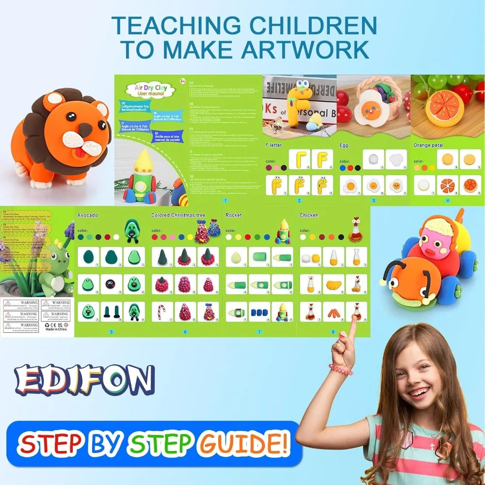 A set of air dry clay for children includes various molds and tools like a lion figure and other shapes.