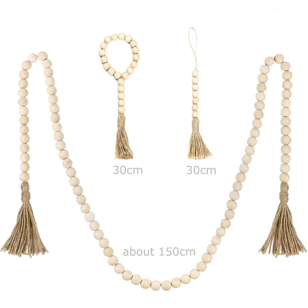 Handcrafted Natural Wood Bead Garland with Tassels for Boho & Farmhouse Decor