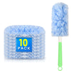 A blue fluffy electrostatic duster brush in a pack of ten is shown next to its handle.