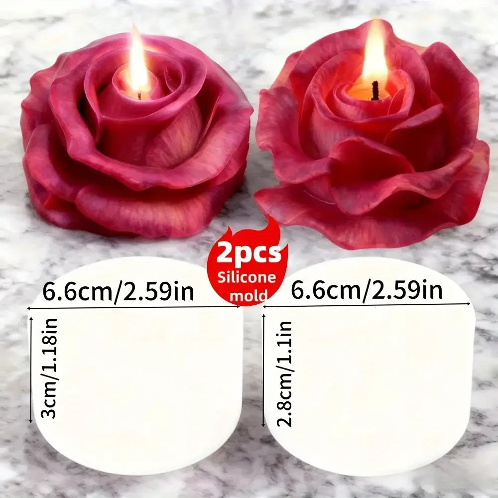 Deux moules en silicone rouge foncé en forme de roses pour cire de bougie