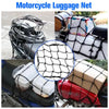 A black bungee cargo net is shown being used to secure motorcycle luggage and cargo on a vehicle.