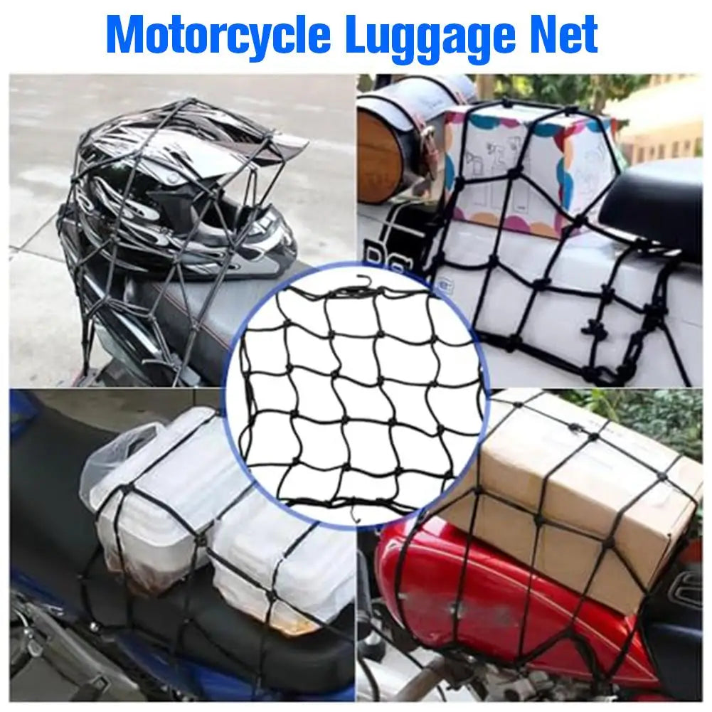 A black bungee cargo net is shown being used to secure motorcycle luggage and cargo on a vehicle.
