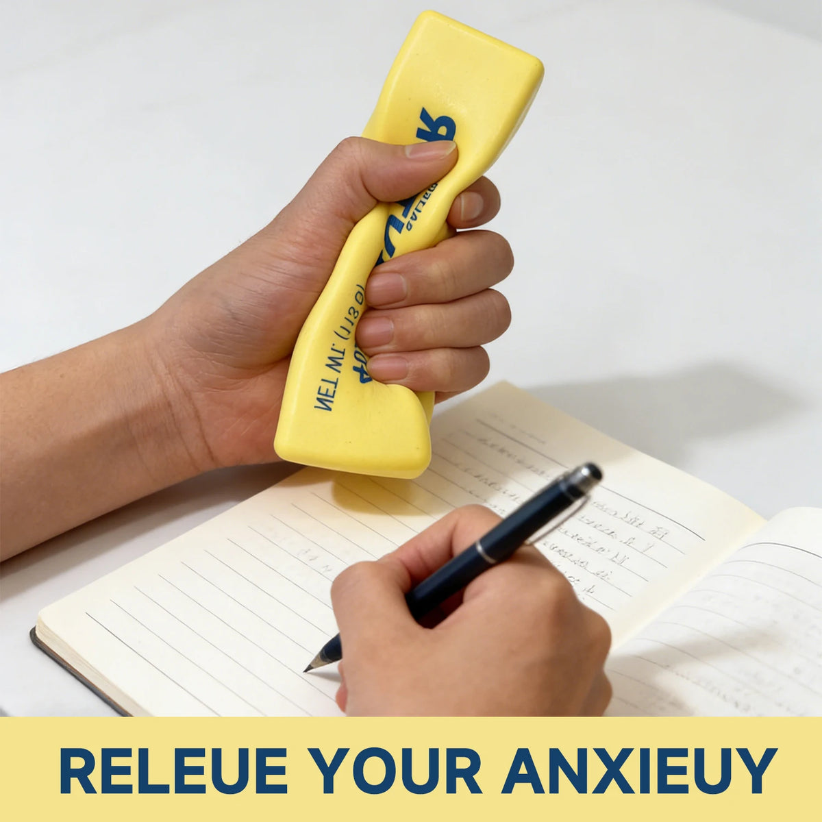 A hand holds a yellow squishy stress toy shaped like a chocolate bar over an open notebook.