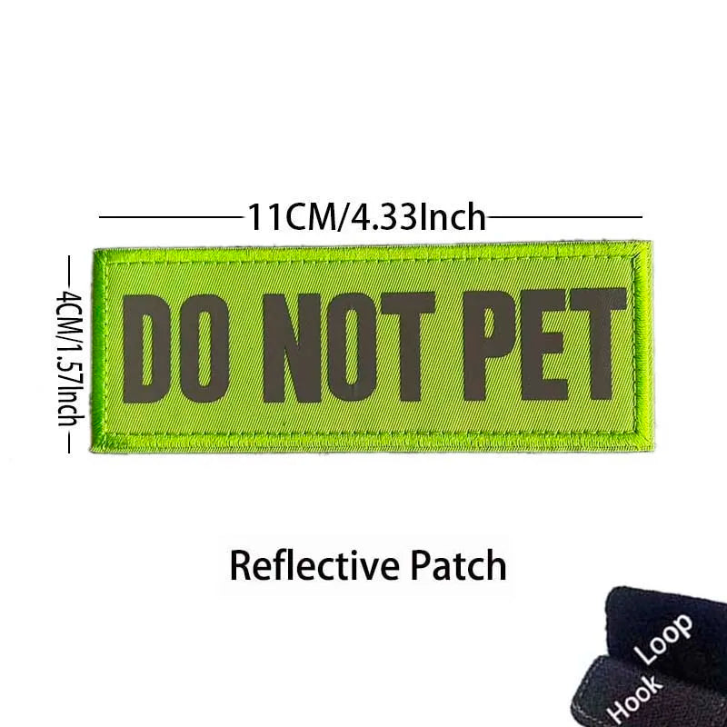 Lime green reflective patch embroidered with the text DO NOT PET and dimensions 11cm/4.33Inch