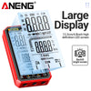 A red digital multimeter with a large display and accessories is shown next to its instruction manual.